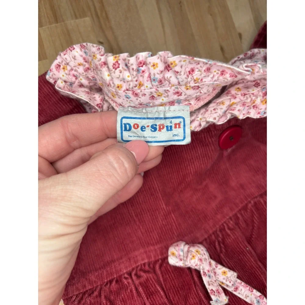 Vintage Doe Spun Girls 4‎ Corduroy Overalls Floral Blouse Set Burgundy Pink USA